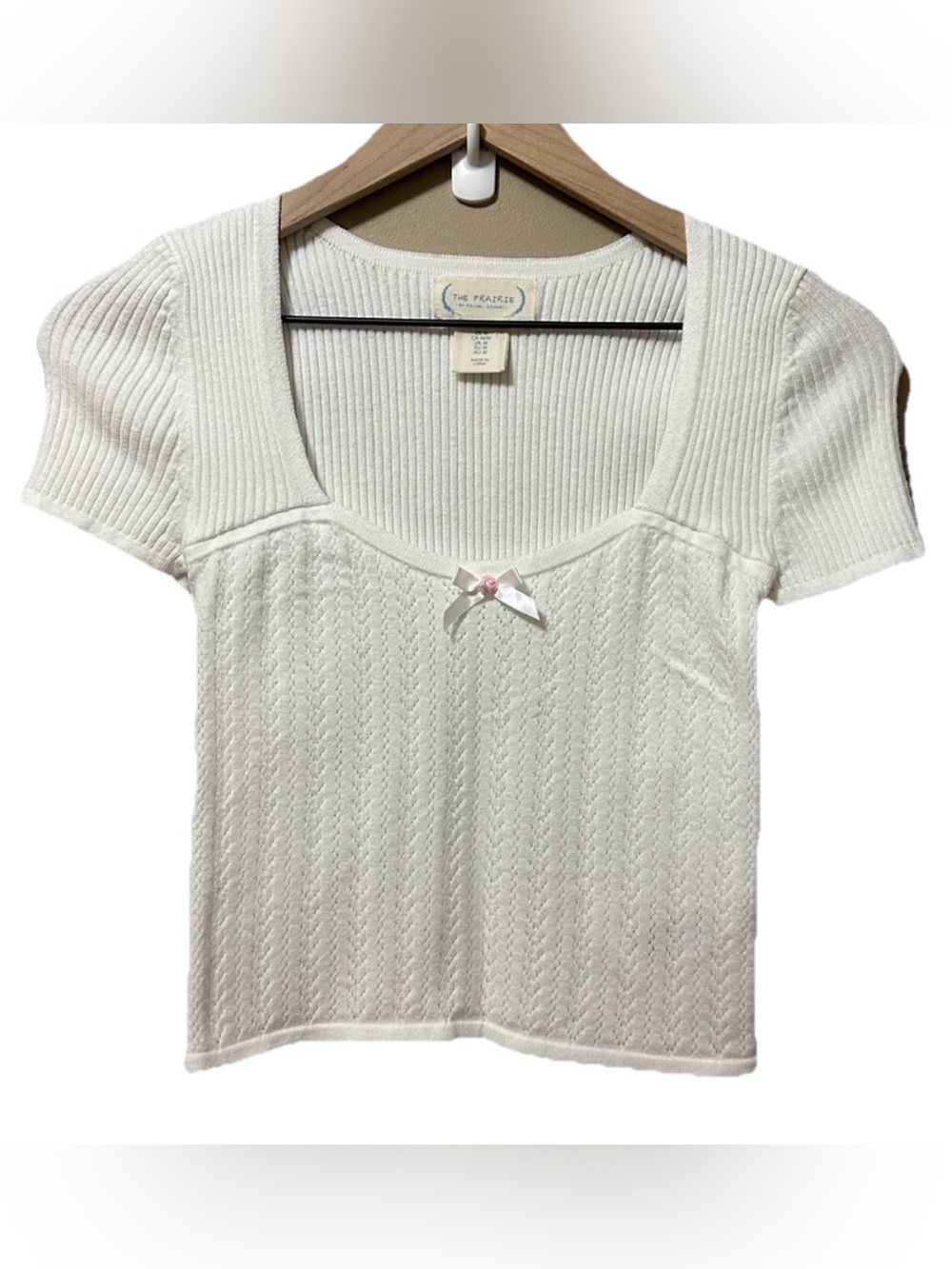 The Prairie White Coquette Cropped Knit Babydoll Top with Bow Accent Fairy Soft
